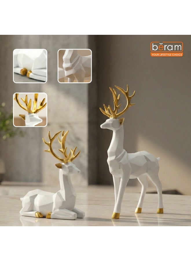 بيرام تمثال غزال عيد الميلاد بتصميم هندسي عصري باللون الأبيض مع تاج ذهبي، بحجمين كبير وصغير – ديكور غزال أنيق مصنوع من الراتنج الأبيض مع قرون ذهبية – قطعة فاخرة لتزيين المنزل في موسم الأعياد - Image 3